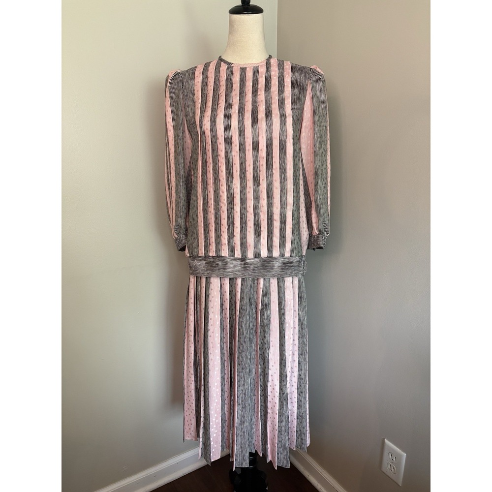 VTG 80s Richard Warren 2 Pc Pleated Skirt Blouse Pink Gray Stripe Midi Union 10